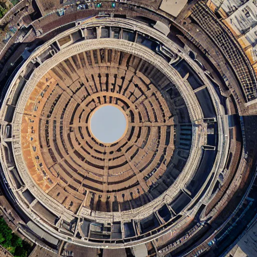 Image similar to the roman colosseum designed by zaha hadid, overhead view, golden hour, 4K Photograph