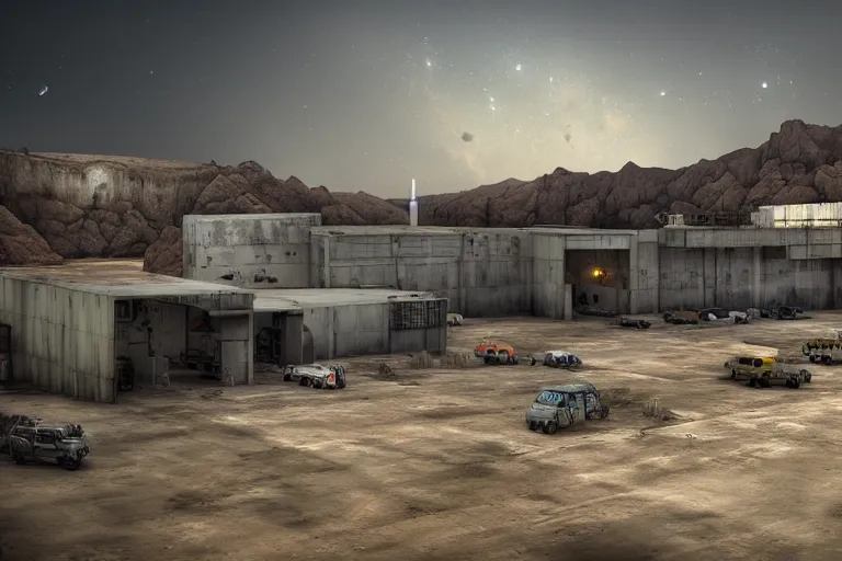 Image similar to favela hospital hangar bunker, desert environment, industrial factory, cliffs, gloomy, milky way, award winning art, epic dreamlike fantasy landscape, ultra realistic,