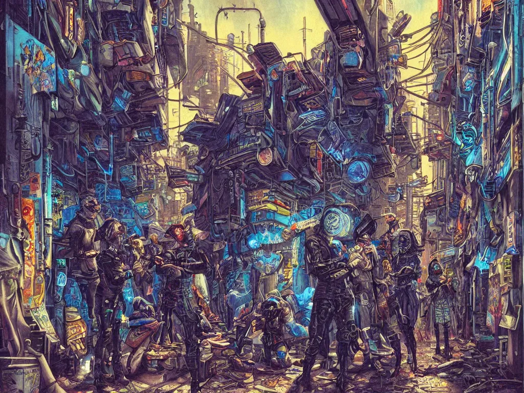 Prompt: a cyberpunk gang in the alleyway between buildings, graffiti, fine detail, intricate, polished, smooth, ultradetailed, blue color scheme, digital art, illustration, impressionist, by john smith and noriyoshi ohrai and george luks