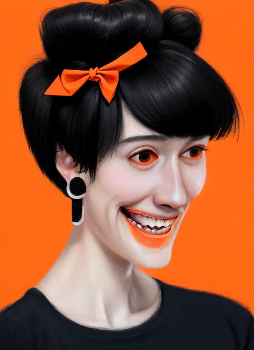 Image similar to portrait of high school girl, realistic, black hair, bangs, half updo hairstyle, pointy nose, skinny, smile, ugly, defined jawline, big chin, orange hair bow, earrings, intricate, elegant, glowing lights, highly detailed, digital painting, artstation, sharp focus, illustration, art by wlop, mars ravelo and greg rutkowski