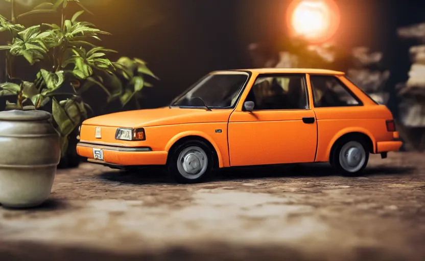 Image similar to a small miniature of a orange Toyota Corolla KE20 on a white table near a book and a vase with a plant, hyperrealistic, concept art, octane render, unreal engine 5, path tracing, complementary colors, calm, relaxing, serene, product photo, centered, symmetrical