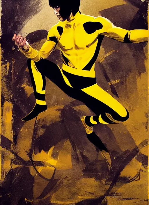 Image similar to bruce lee as a yellow and black stripes luxurious power ranger by greg rutkowski, claude monet, conrad roset, takato yomamoto, rule of thirds, sigma look, beautiful