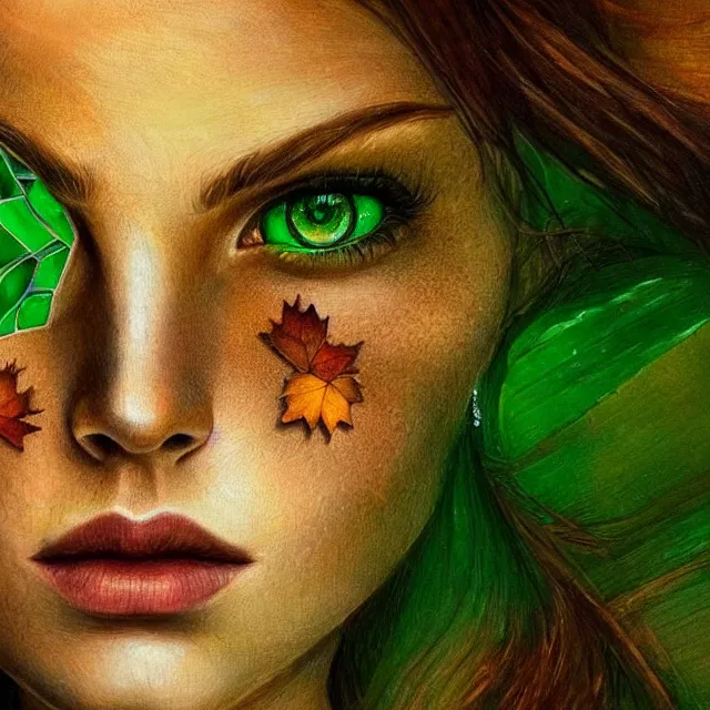 Prompt: a stunning detailed portrait, green eyes, shards of the afternoon falling down like broken stained glass or autumn leaves