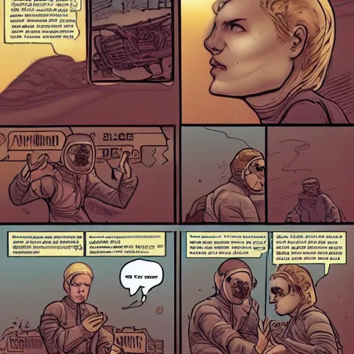Prompt: comic book page of retrofuture tattooed stoic heroic emotionless dirty butch blonde woman mechanic with very short messy dirty hair, full body, staggering on mars, dust storm, uncomfortable awkward and anxious, wearing dark - lensed victorian goggles, wearing dirty ripped flight suit, rough paper, sci fi, behance hd