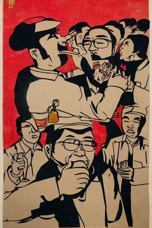 Image similar to worker revolution drinking beer and fried chicken through his head, wang guangyi and yu zhenli art style, higly detailed