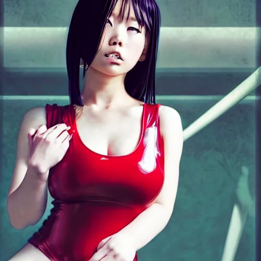 Image similar to a beautiful young japanese hitomi tanaka alluring instagram model in elaborate latex tank top, jrpg tank top made from latex demon faces, concept art by akira toriyama and wlop and ilya kuvshinov and artgerm and studio ghibli, aesthetic, gorgeous, stunning, alluring, attractive, artstation, deviantart, pinterest, digital art