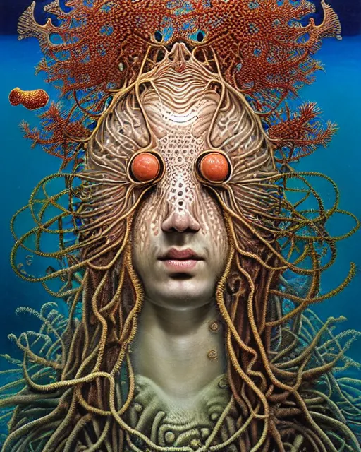 Prompt: realistic detailed underwater face portrait of the beautiful young god of the fish of the fractal waters with an intricate headgear of corals, sea kelp, sea plants, fish, starfish, jellyfish, art by ernst haeckel, zdzisław beksinski, hieronymus bosch, gothic, neo - gothic, ornamental, beautiful deep colours,