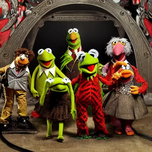 Prompt: the muppets in a satanic metal band in hell, 4k, high-resolution photograph