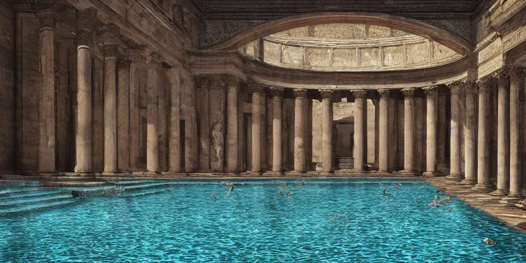 Image similar to a detailed photorealistic picture of an elegant pool in ancient Rome, shot in wide angle, photorealistic lighting, ultra detailed