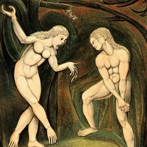 Image similar to adam and eve in the style of william blake