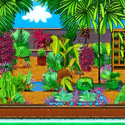 Prompt: a tropical garden in the style of an old 90's SEGA game