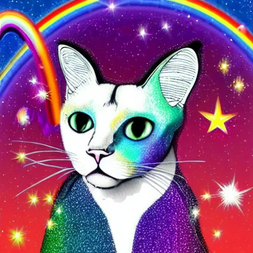 Image similar to siamese cat with a unicorn horn, rainbow background, sparkly aura around cat