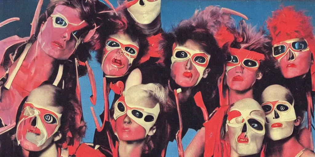 Prompt: cyclops 1980s pop band, 1980s surrealism aesthetic, detailed facial expressions