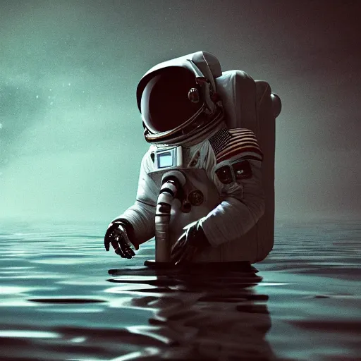 Prompt: An astronaut alone inside an empty dark flooded in style of Alexandre Chaudret, trending on ArtStationH