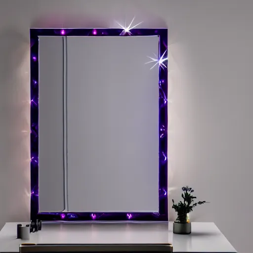 Image similar to mirror infront of mirror reflecting a small purple light infinitely, 4k, 40nm lens