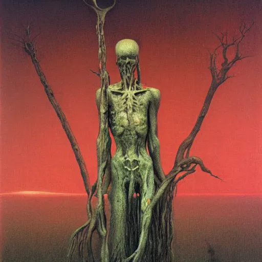 Prompt: Blind prophet, Holding Decaying staff , dark fantasy, by Zdzisław Beksiński