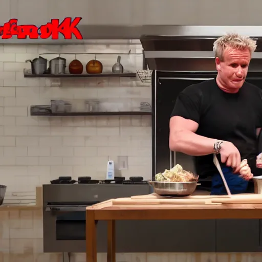 Image similar to hyper real Gordon Ramsey cooking a unicorn in kitchen 4k