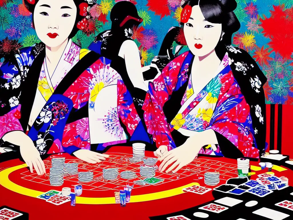 Prompt: hyperrealistic composition of the detailed woman in a japanese kimono sitting at a poker table with darth vader, fireworks, beautiful mountain in the background, pop - art style, jacky tsai style, andy warhol style, acrylic on canvas