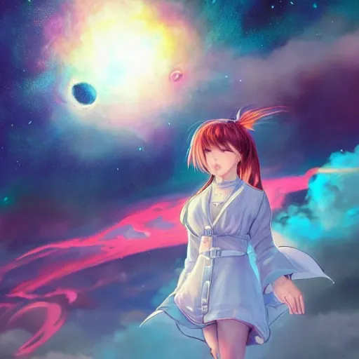 Image similar to over the cloud there is a cosmic girl A young female looks like kasumi arimura with wolor explosion background trending on artstation and twitter by Yoneyama Mai and Krenz Cushart, trending on pixivpour technique, she isColorful astronaut, flowing robe, floating , colorful nebula, derelict space ship, science fiction spaceman, space, futuristic spacesuit, cover art, cinematic, highly detailed, strong line work, Alphonse Mucha, John Harris, 4k render, 4k post, hyper detailed