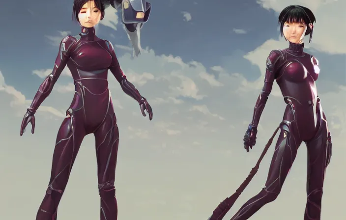 Prompt: young female character in a plugsuit inspired by ling xiaoiy from tekken and alita, digital art made by makoto shinkai and wlop, anatomically correct, extremely coherent, battle pose, hd, symmetrical, perfect composition, synth background, highly detailed
