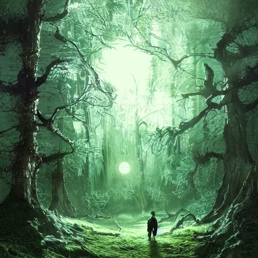 Image similar to glowing tree, green forest, white moon, establishing shot, extremly high detail, photo-realistic, cinematic lighting, pen and ink, intricate line drawings, by Yoshitaka Amano, Ruan Jia, Kentaro Miura, Artgerm, post processed, concept art, artstation, matte painting, style by eddie mendoza, raphael lacoste, alex ross