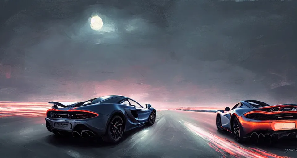 Image similar to mclaren in highway, night, digital art,ultra realistic,ultra detailed, ultra wide Lens, art by greg rutkowski