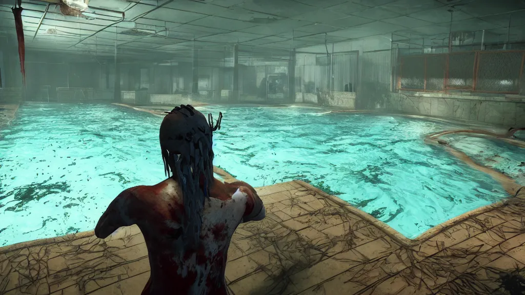 Prompt: Screenshot from Dead By Daylight at an indoor swimming pool