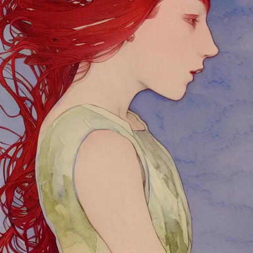 Prompt: side view a beautiful and inspiring intricate watercolor illustration artwork red hair girl, 4 k, ultra - wide angle, by william turner, by victo ngai, by alphonse mucha, by miho hirano, hd, trending on artstation, hyper detailed, muted colors, inspiring, beautiful, energetic