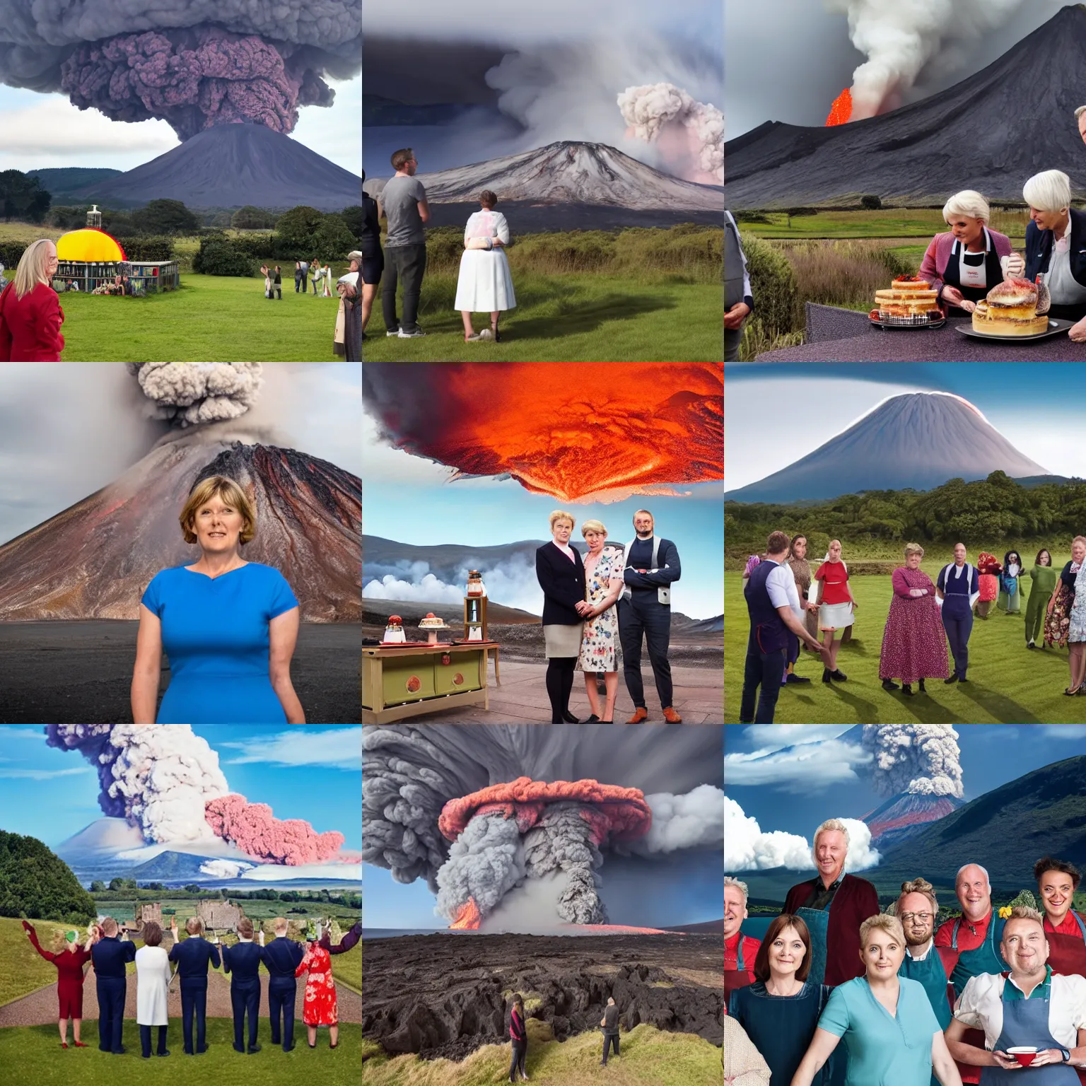 Prompt: The Great British Bake Off TV Show whilst a active volcano erupts in the background, wide angle shot