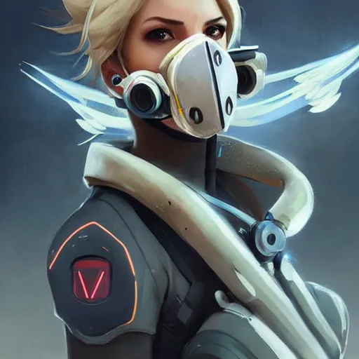 Image similar to mercy overwatch wearing cyber gas mask, 8 k resolution, highly detailed, intricate, very beautiful face, very detailed eyes, by greg rutkowski, wlop