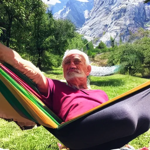 Image similar to my older italian wise friend on a hammock, reading new book, gravity is strong, he is very relaxed, snug legs, mountains in a background