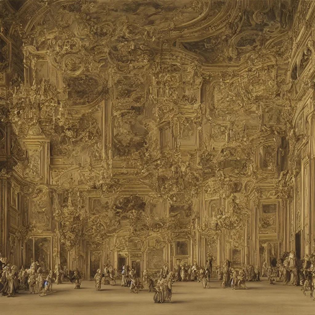 Prompt: a drawing of a large room, a flemish baroque by carlo galli bibiena, baroque, flemish baroque, rococo - n 4