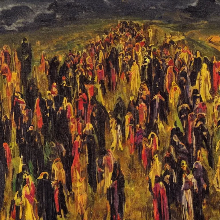 Image similar to A Holy Week procession of souls in a lush Spanish landscape at night. A figure at the front holds a cross. Art Deco.