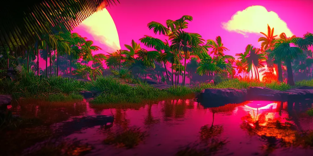 Image similar to unreal engine 5 8 k uhd render of an flamingocore tropicalwave junglepunk abstrafractalmancer, photorealistic, animal photography, lush tropical surroundings, volumetric lighting, sunlight, 1 0 5 mm lens
