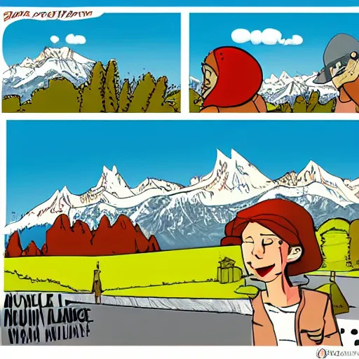 Image similar to munich against a background of mountains sunny hot weather comic style