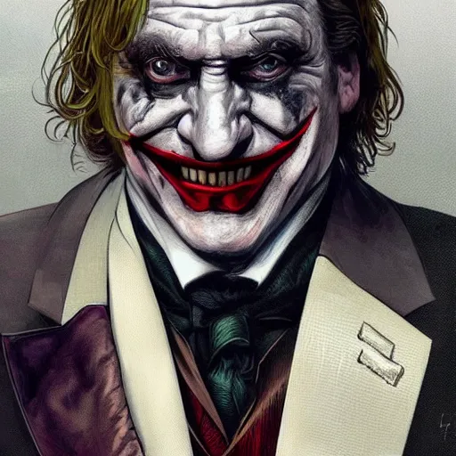 Image similar to [Gerard Depardieu as the Joker as president of France!, closeup, D&D, intricate, elegant, highly detailed, digital painting, artstation, concept art, matte, sharp focus, illustration, art by Artgerm and Greg Rutkowski and Alphonse Mucha]