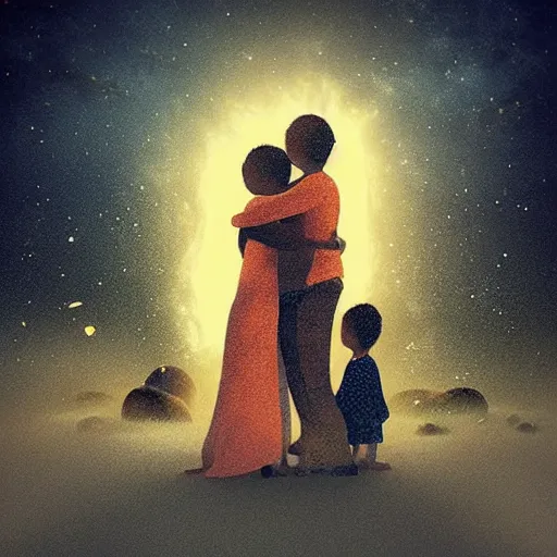 Image similar to “A family hugging each other for the last time as the world is ending, meteors are falling from the sky, everything is on fire, dramatic lighting, digital art, very very very very very very beautiful, 8K, dark lighting, trending on Artstation, award winning”