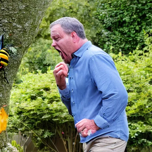 Image similar to a photo of a man arguing with a bee, the man is losing