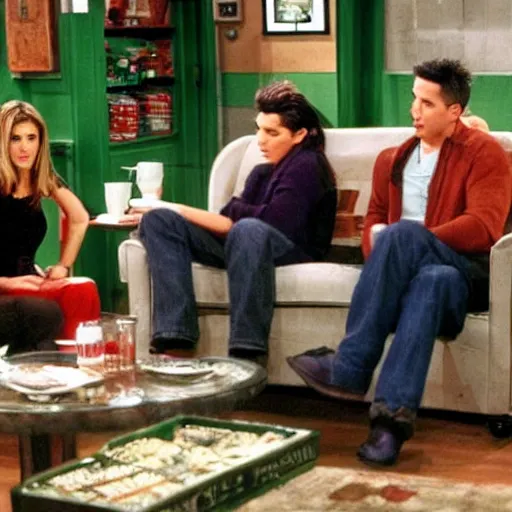 Prompt: still image from friends season 3 coffee shop green couch small cosy new york hd realistic