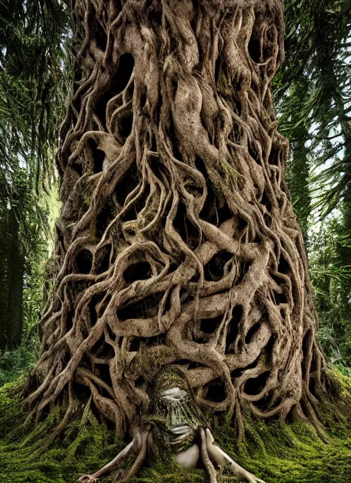 Image similar to photograph of hyperrealistic hyperdetailed ancient tree containing an ancient kind woman face covered with bark and moss, in a dark mysterious dark forest, dramatic mysterious lighting,