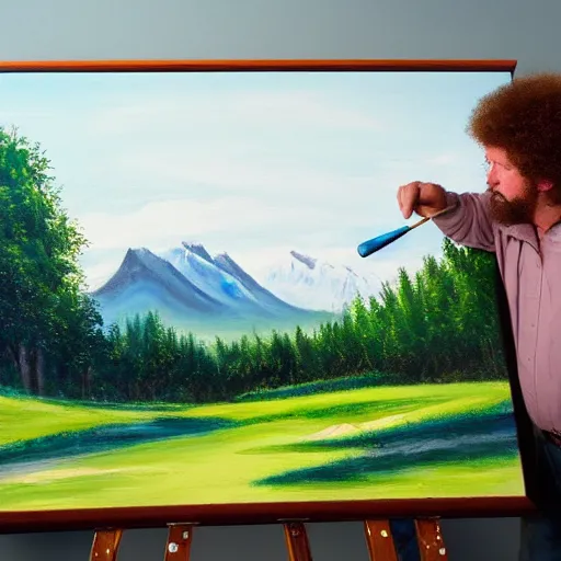 Prompt: a closeup photorealistic photograph of bob ross painting an image of kenny powers pitching a baseball on a canvas. mountains and trees. film still. brightly lit scene. this 4 k hd image is trending on artstation, featured on behance, well - rendered, extra crisp, features intricate detail, epic composition and the style of unreal engine.