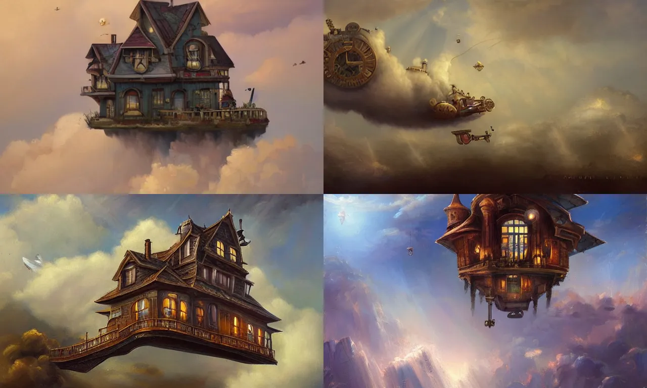 Prompt: a steampunk house flying among the cloud, an oil painting by romain jouandeaup trending on artstation