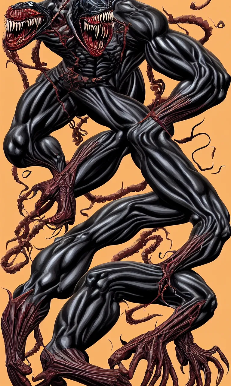 Prompt: anatomically acurate full body long shot venom from marvel comics!!!!, large mouth with teeth, fantasy, intricate, elegant, highly detailed, digital painting, artstation, concept art, matte, sharp focus, illustration, art by glenn fabry