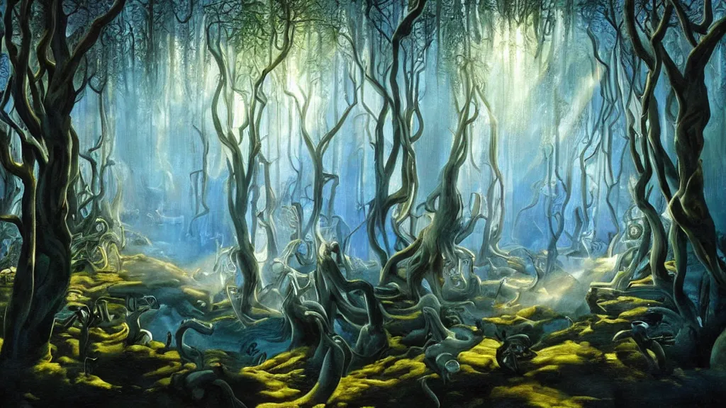 Prompt: A Salvador Dali oil painting of a hauntingly beautiful elven forest in the morning; rays of light coming through the canopy; trending on artstation; extraordinary masterpiece!!!!!!; 8k