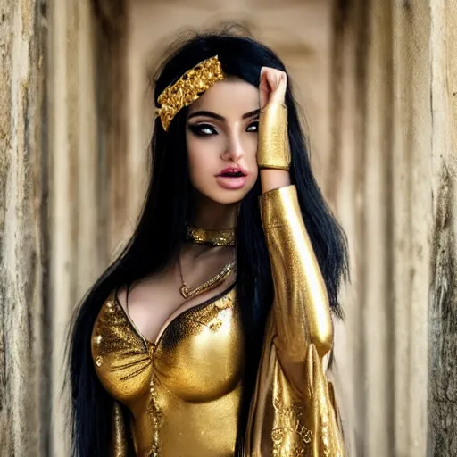 Prompt: aesthetic!!!!!!!!! Female genie in Arabic clothing, olive skin, long black hair, frontal pose, gold tint, cinematic lighting, silk, fabric, full-length view, cinematic, hyper realism, 8k, depth of field, vibrant.