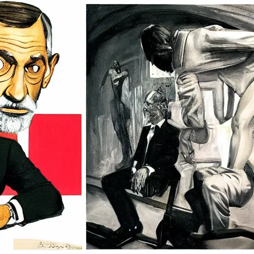 Image similar to sigmund freud as james bond, by robert e. mcginnis, by paula rego, by neo rauch, by eric fischl