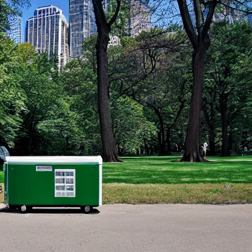 Image similar to green refrigerator on a leash in central park