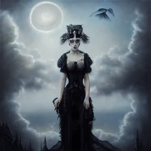 Image similar to By Tom Bagshaw, ultra realist soft painting of a curiosities carnival by night, very beautiful female dollpunk in full gothic dress, symmetry accurate features, very intricate details, omnious sky, black and white, volumetric light clouds