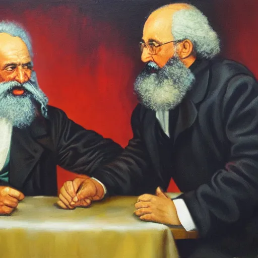 Image similar to oil painting of karl marx and friedrich hayek arm wrestling