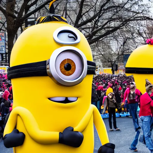 Image similar to photo of giant minion parade float in the macys thanksgiving parade, detailed 4 k photo